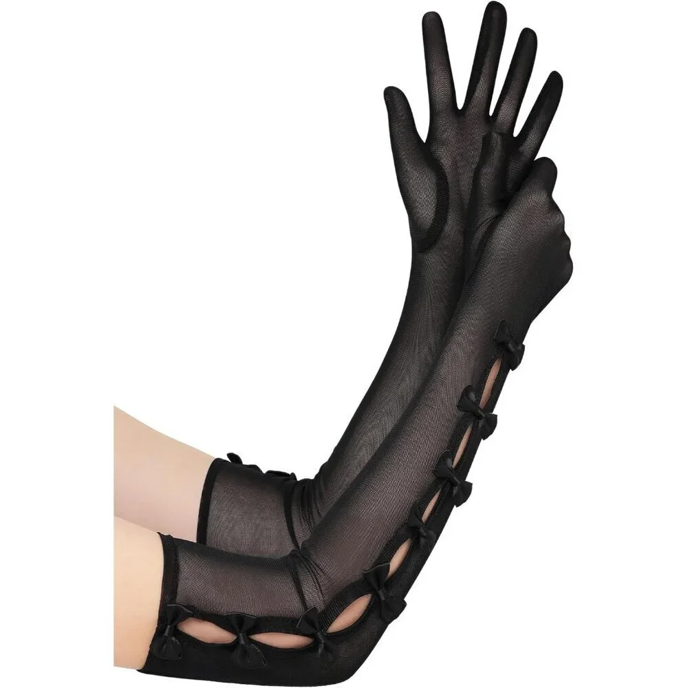 Women's Princess Black Long Sleeves Gloves Bow Lace Mesh Tulle Party Prom